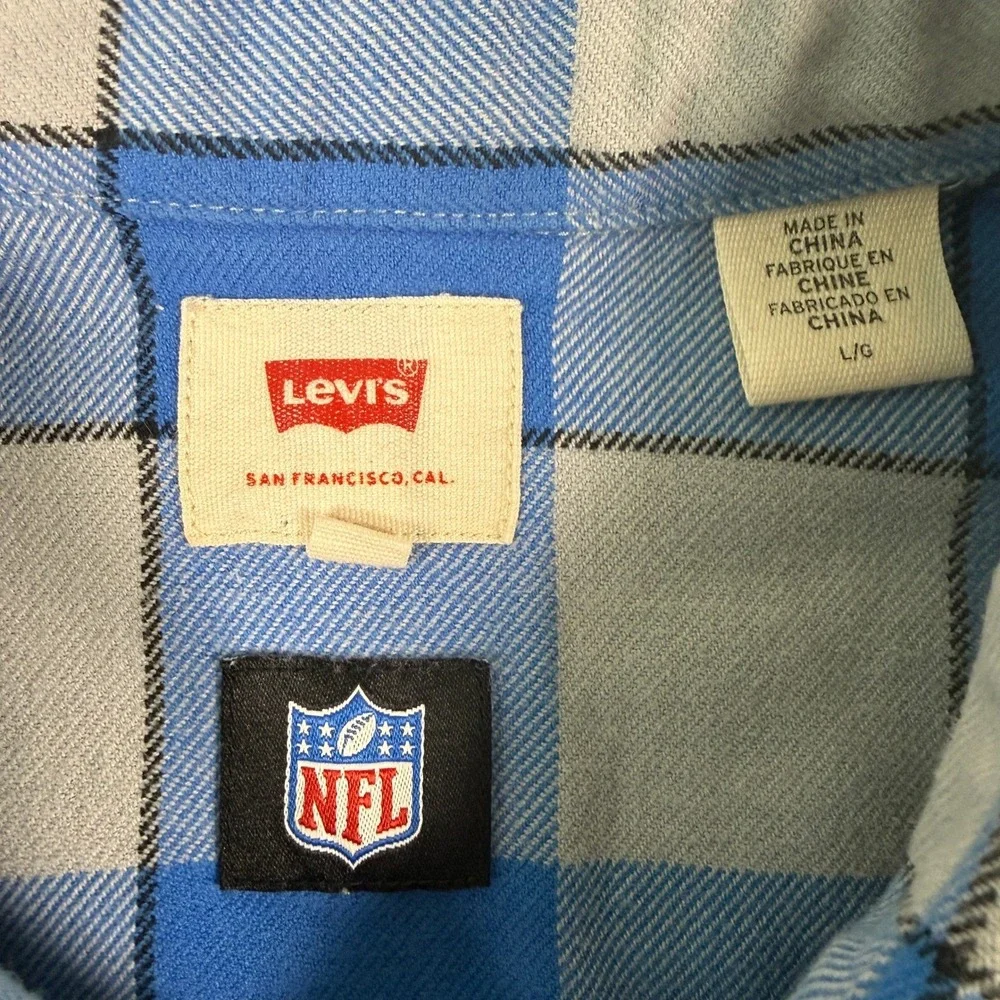 Levis Detroit Lions Flannel Shirt Mens‎ L Blue Plaid NFL Button Up Logo Football